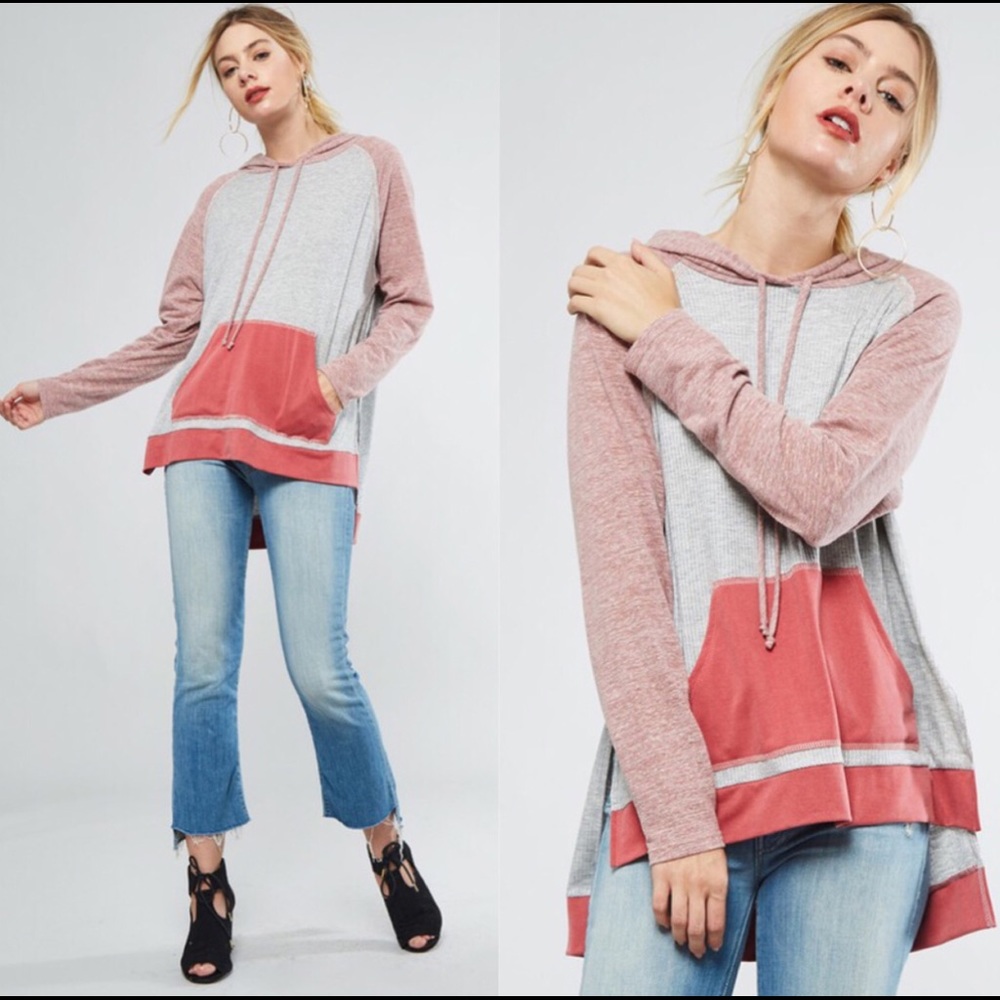 Light weight Grey & Coral ribbed hoodie